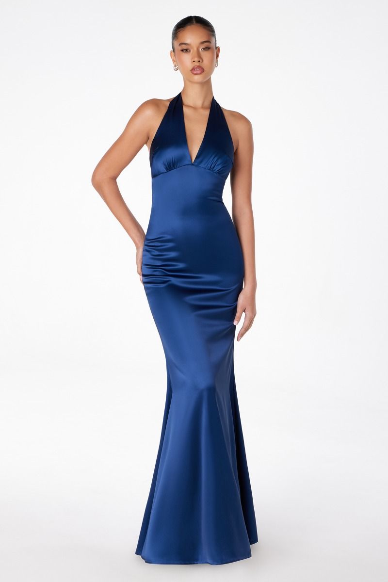 NOAH Satin Halter Neck Prom Dress with open back, silky fitted bodice, perfect for formal events. Brisbane to Gold Coast, Australia.