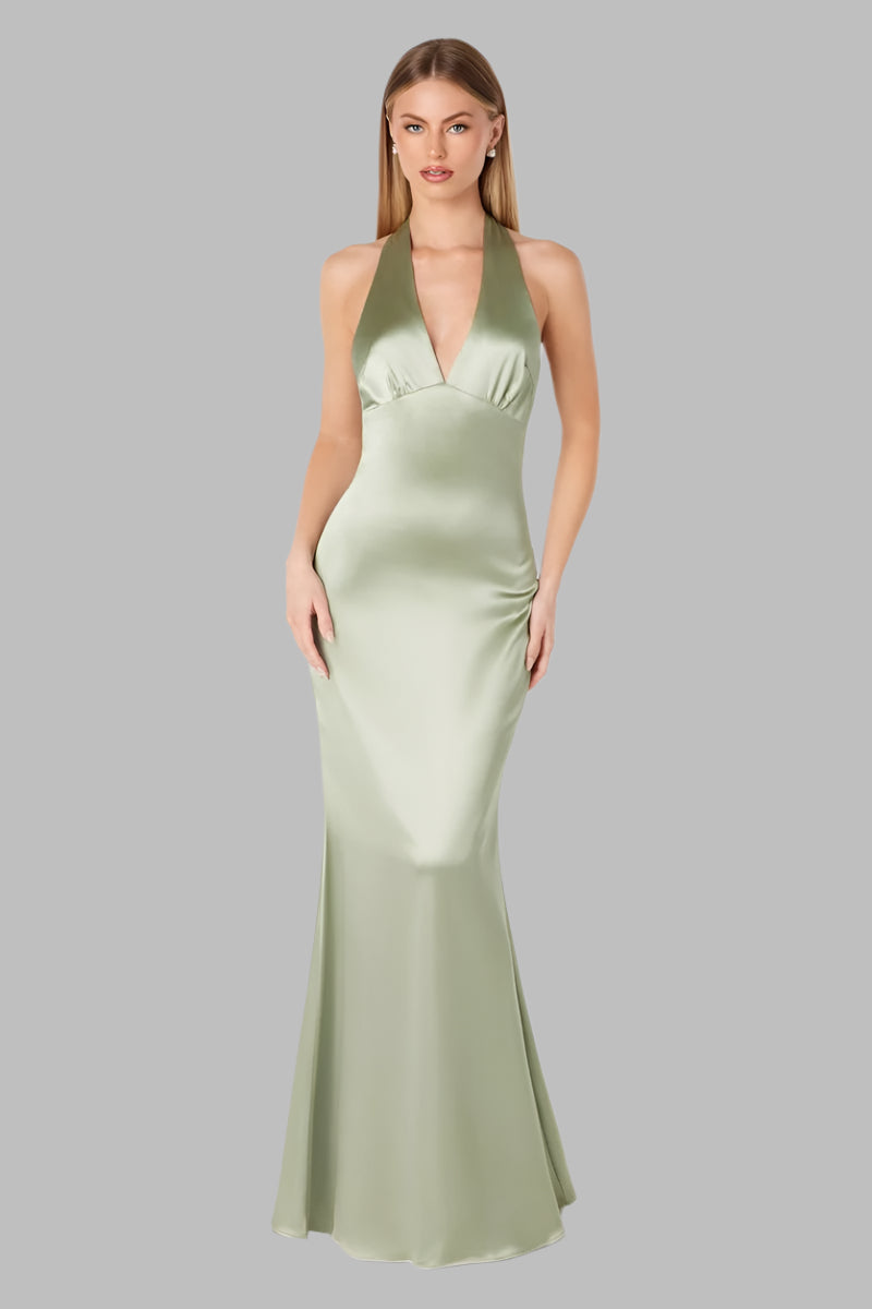 NOAH Satin Halter Neck Dress with open back, prom gown, Brisbane to Gold Coast.