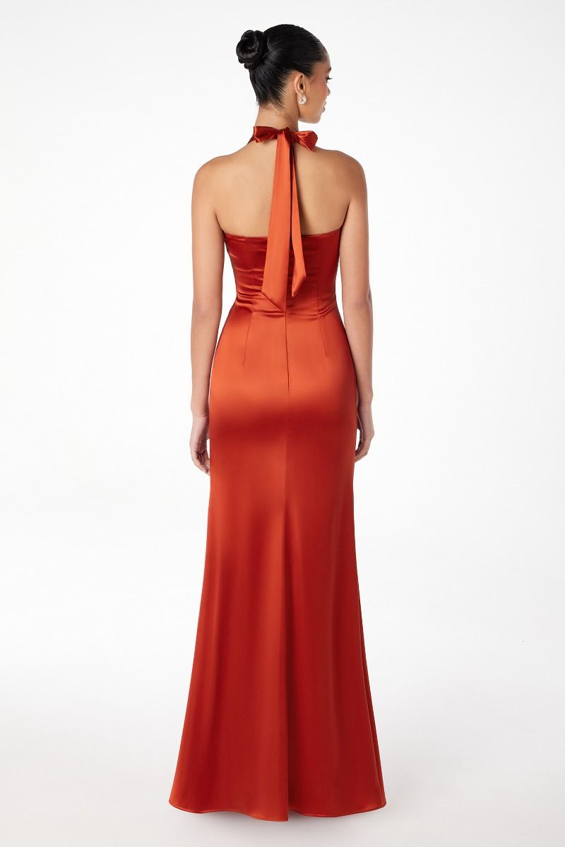 NOAH Satin Halter Neck Prom Dress with open back, semi-formal style shown from the back. Brisbane to Gold Coast.