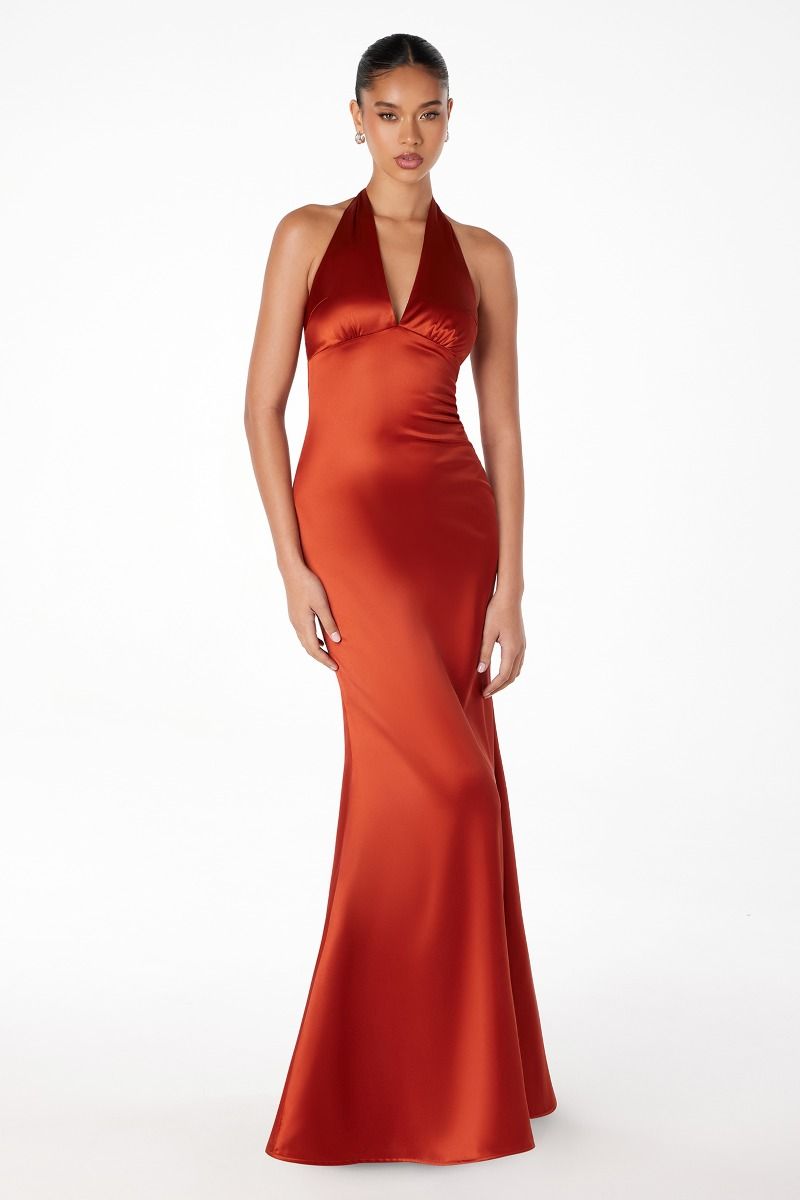 NOAH Satin halter neck prom dress with open back, fitted silhouette, and silky finish. Brisbane to Gold Coast, Australia.