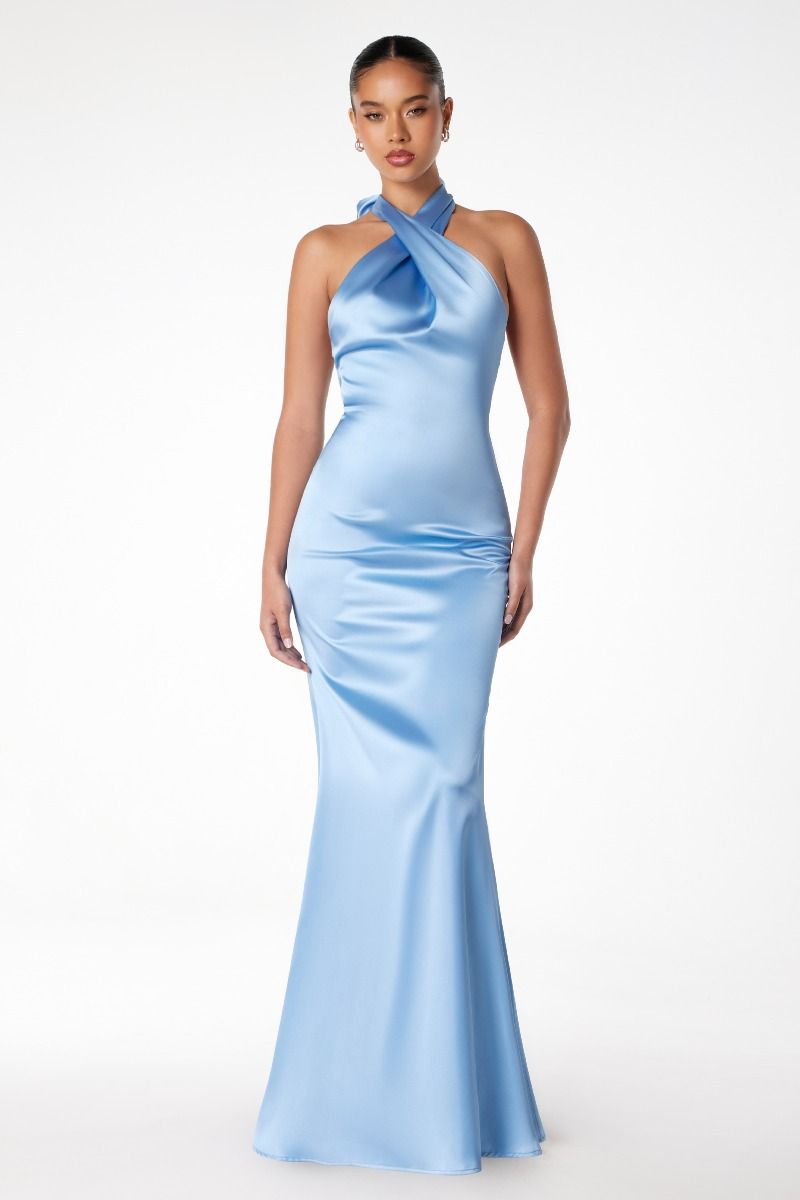 RAINEY Silky Low Back Halter Neck Prom & Formal Dress, featuring elegant crossed halter neckline and smooth silhouette. Brisbane to Gold Coast.