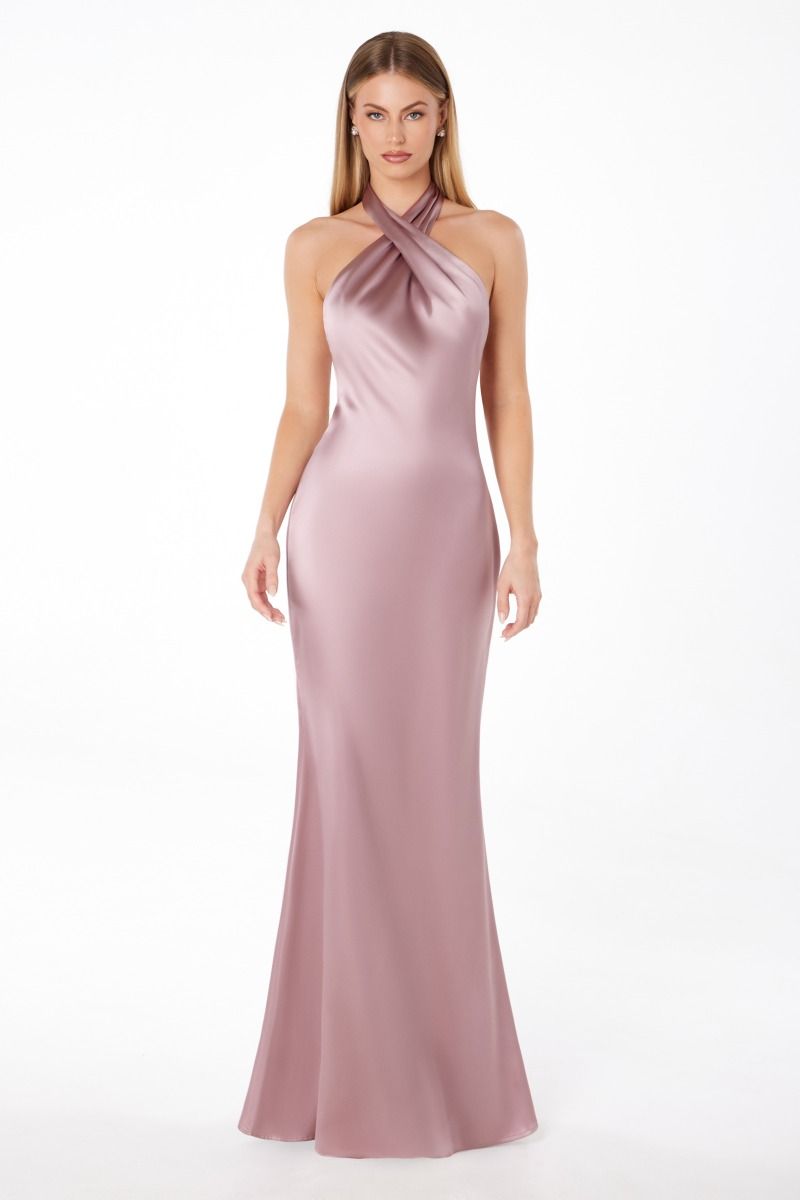 RAINEY silky low back halter neck prom dress with chic halter neckline, elegant evening gown. Brisbane to Gold Coast, Australia.