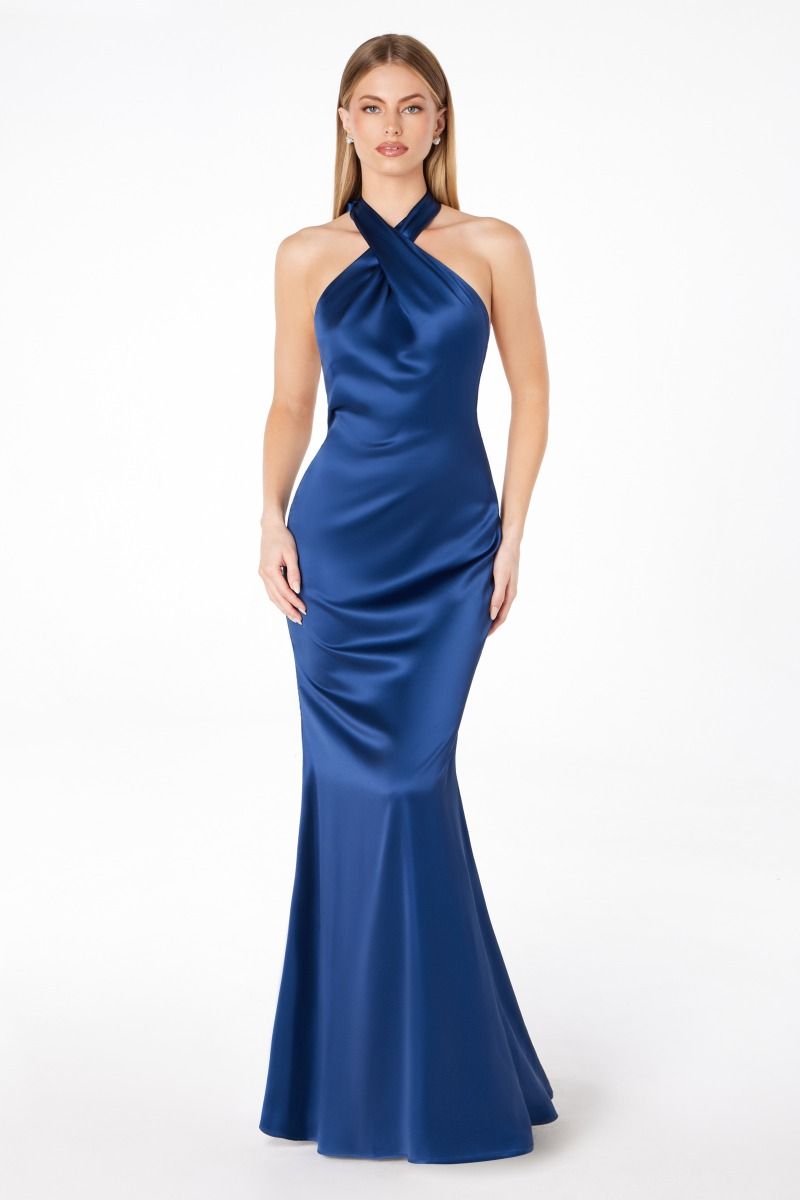 RAINEY Silky low back halter prom dress with chic neckline, satin finish. Perfect for weddings and formal occasions. Brisbane to Gold Coast.