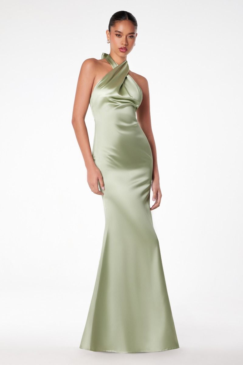 RAINEY silky low back halter neck prom dress with a chic halter neckline and smooth satin fabric. Prom gown Brisbane to Gold Coast.