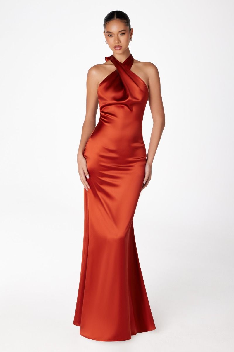 RAINEY silky low back halter neck prom dress with a sleek, modern design, in elegant satin finish. Perfect for Brisbane to Gold Coast.