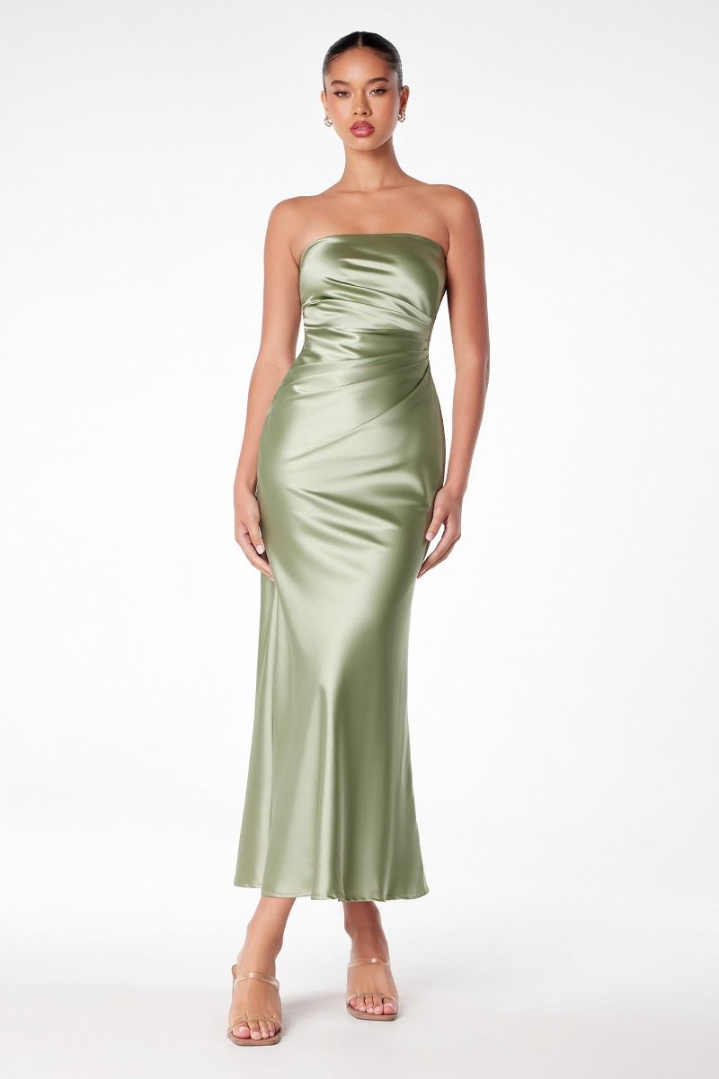 LORRIE strapless midi-length silky prom dress with structured bodice, featuring a bra-style back, perfect for events Brisbane to Gold Coast.