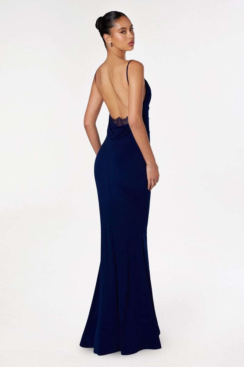 KALI Fitted Scoop Back Dress with lace insert, ideal for semi-formal events. Elegant silhouette from Brisbane to Gold Coast, Australia.
