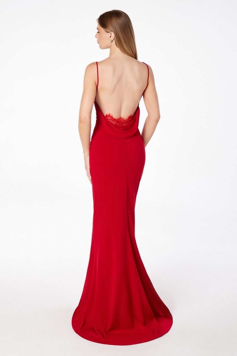 KALI fitted scoop back red semi-formal dress with lace insert at waist, perfect for prom and cocktail events from Brisbane to Gold Coast.