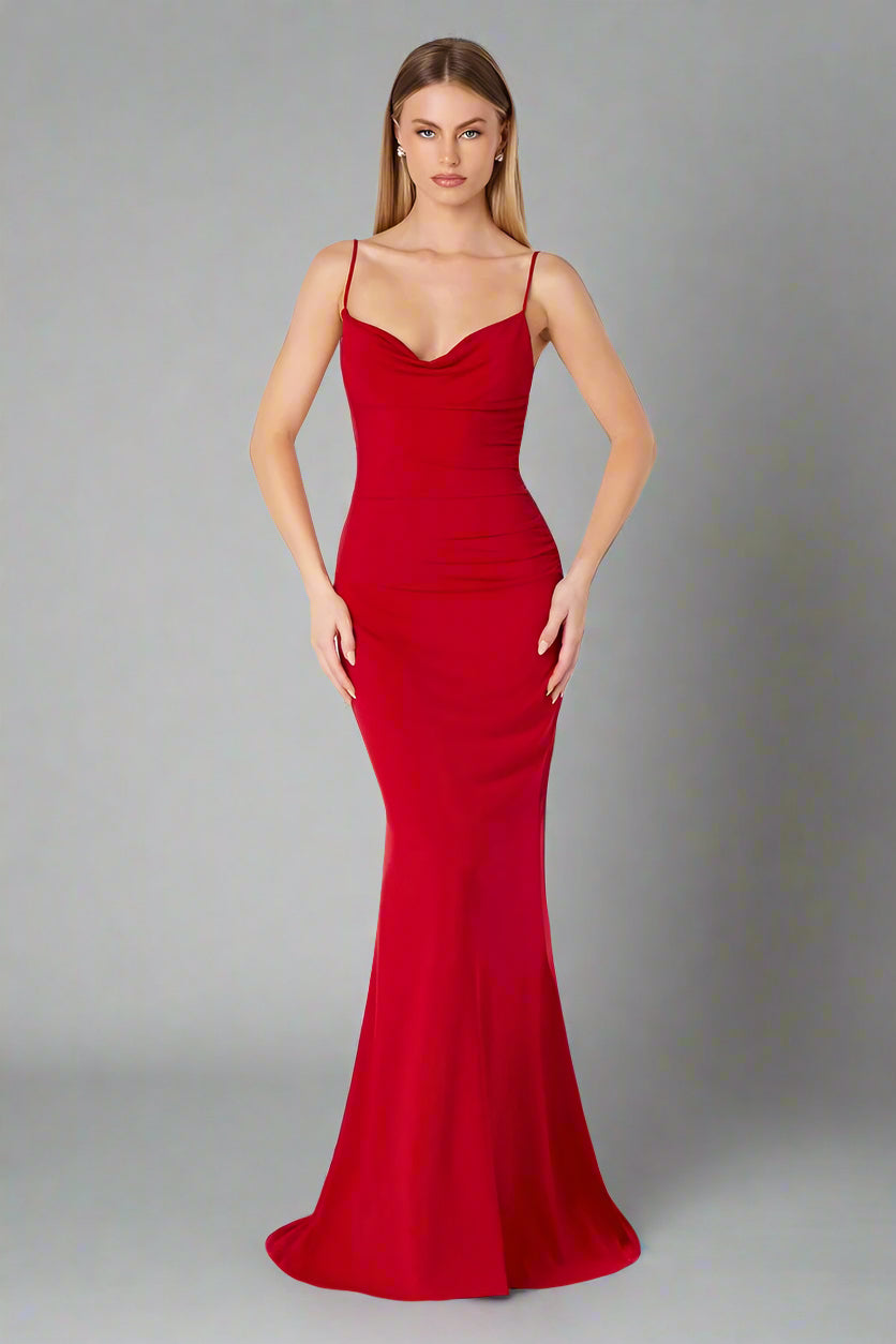 KALI fitted prom dress with scoop back and lace waist insert, featuring adjustable straps. Perfect for semi-formal events. Brisbane to Gold Coast.