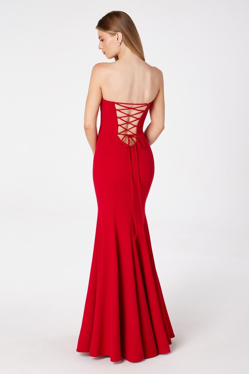 TERI Strapless red corset mermaid prom gown with lace-up back, perfect for formal events. Brisbane to Gold Coast.