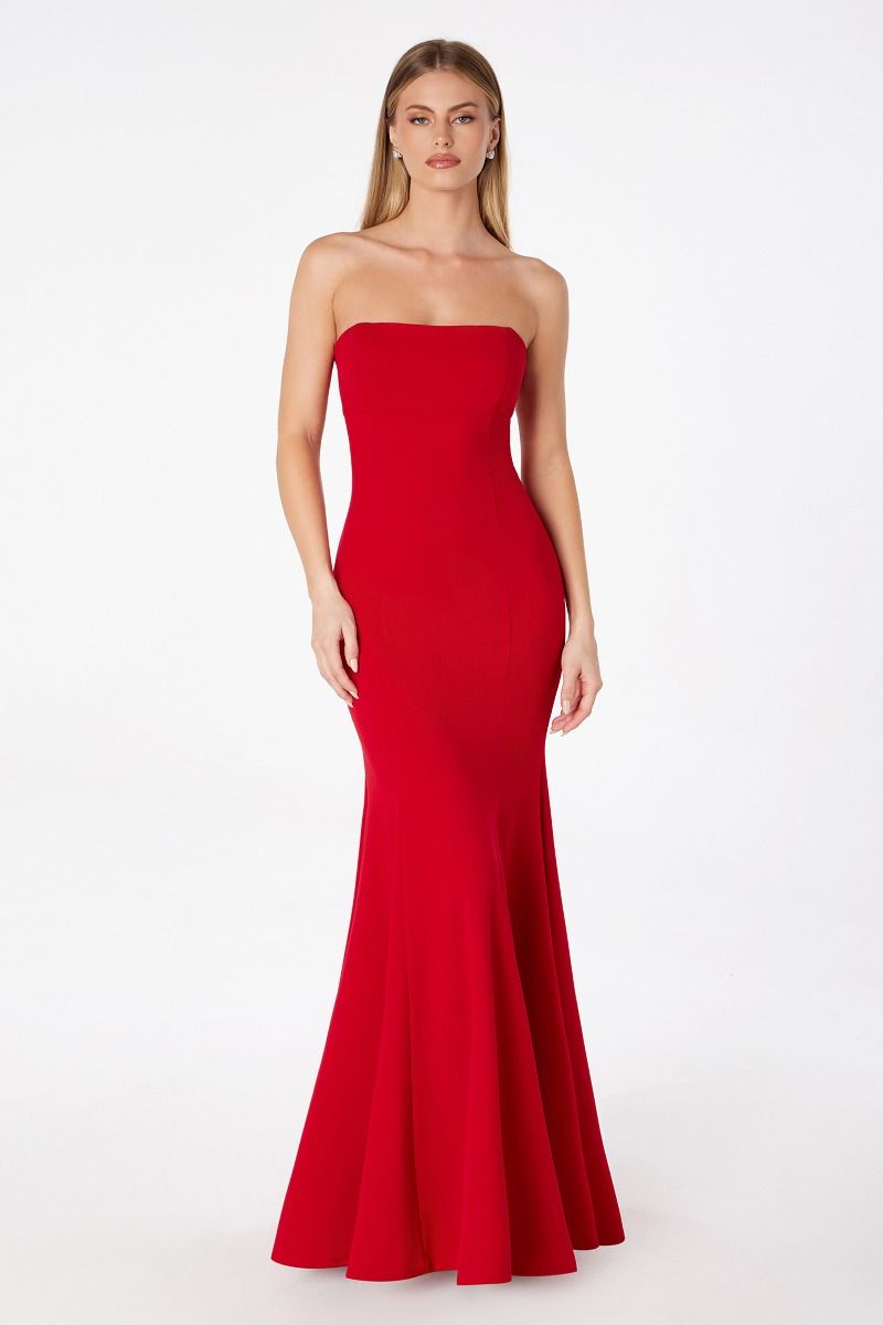 TERI Strapless Corset Mermaid Prom Dress with sleek red fabric, elegant hourglass silhouette. Brisbane to Gold Coast, Australia.