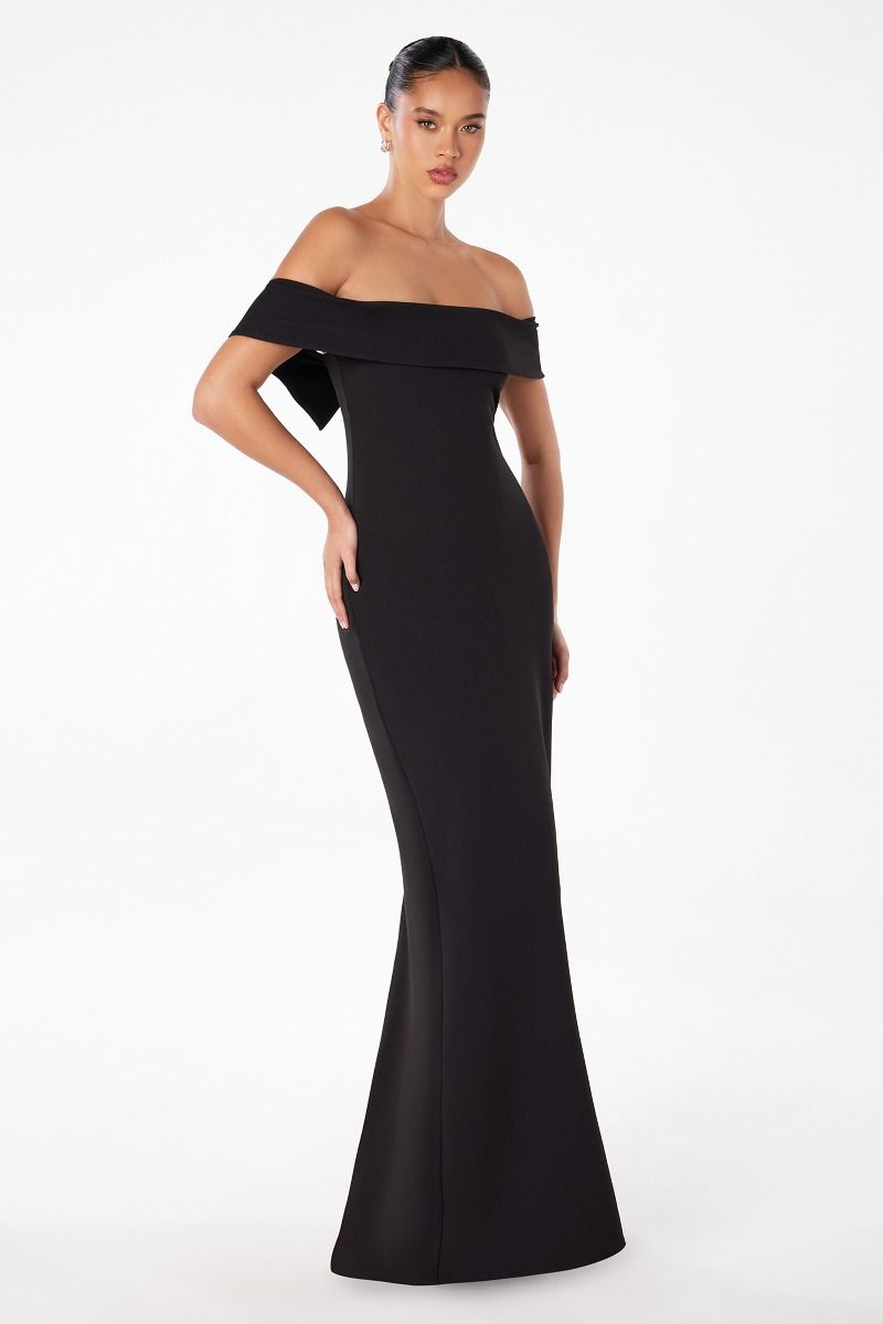 GRADY off shoulder black fitted prom dress with elegant neckline, featuring a back center split. Ideal for Brisbane to Gold Coast, Australia.