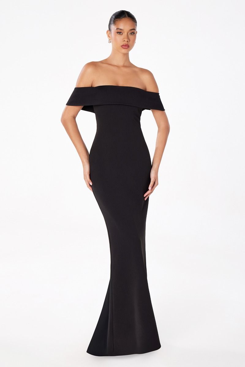 GRADY Off Shoulder Fitted Dress with elegant neckline, fitted silhouette, prom gown style. Brisbane to Gold Coast, Australia.