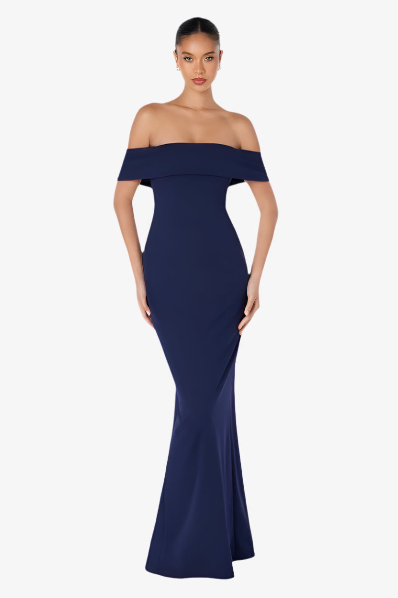 GRADY Off Shoulder Fitted Prom Dress with back slit, accentuating silhouette. Perfect for prom and semi-formals. Brisbane to Gold Coast, Australia.