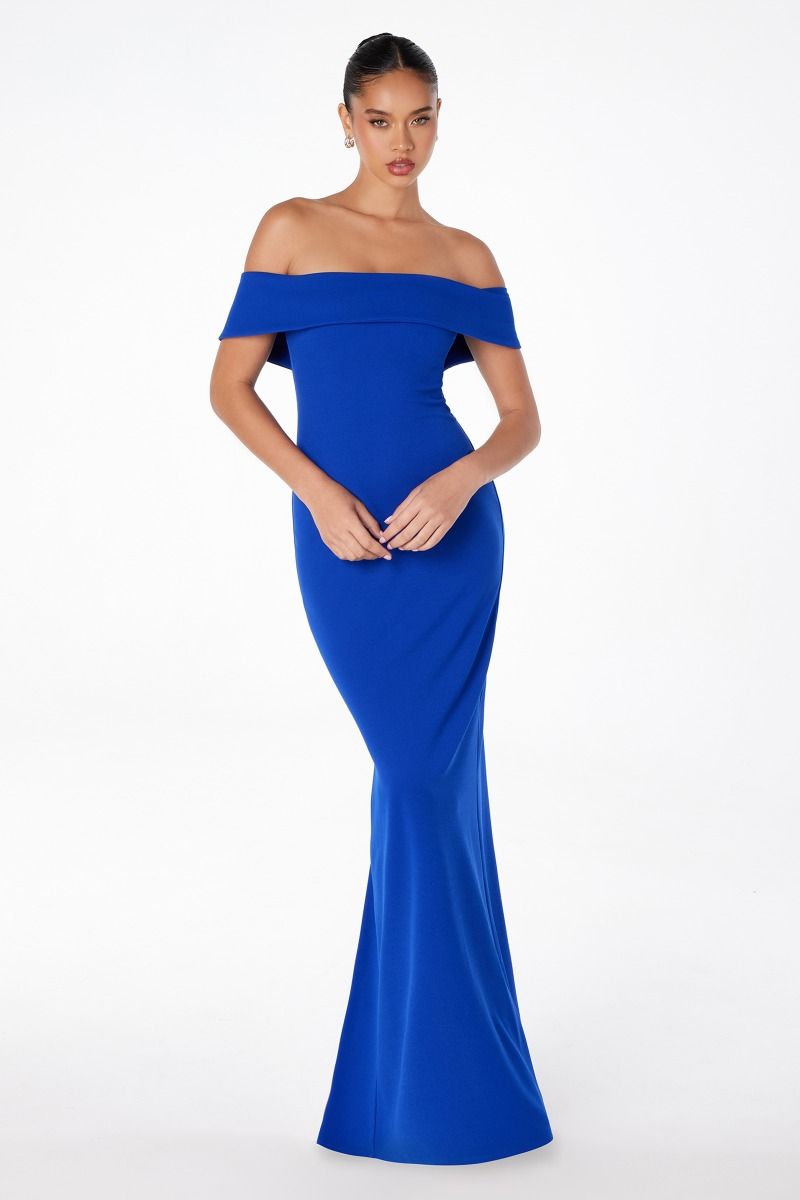 GRADY off shoulder fitted prom dress with elegant silhouette, royal blue color, and a sleek split, Brisbane to Gold Coast, Australia.