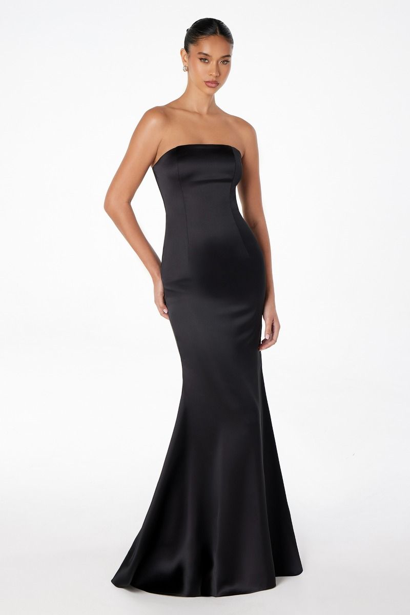 ILLIA Strapless Satin Neck Sash prom dress with sleek silhouette. Elegant satin gown for formal events, Brisbane to Gold Coast.