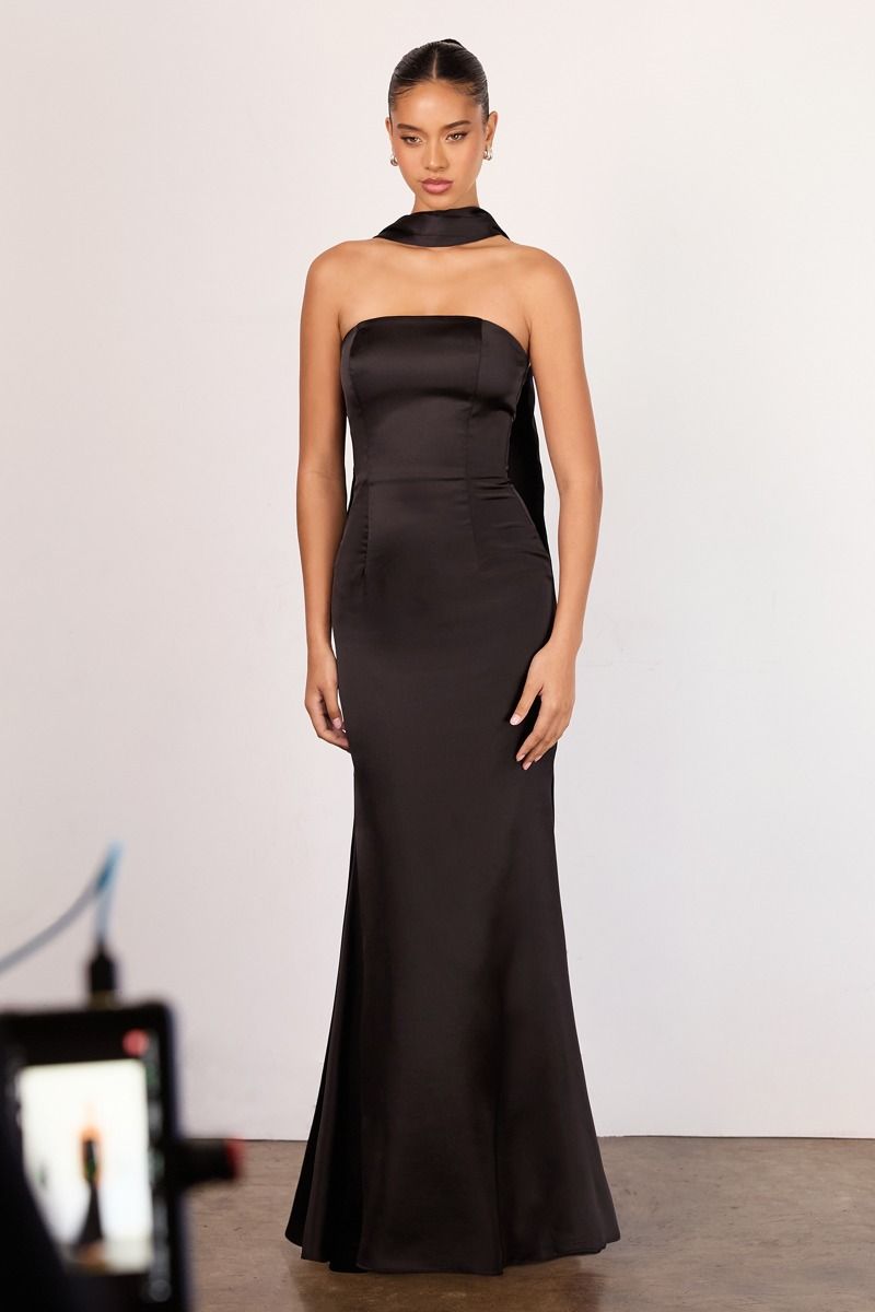 ILLIA Strapless black satin prom gown with neck sash, elegant silhouette. Perfect for formal events. Brisbane to Gold Coast, Australia.