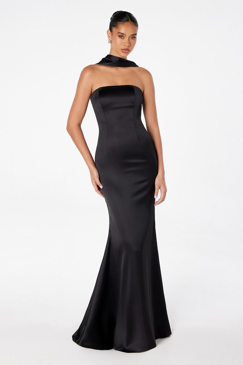 ILLIA strapless satin neck sash prom dress with draped scarf and structured silhouette. Perfect for elegant events. Brisbane to Gold Coast.