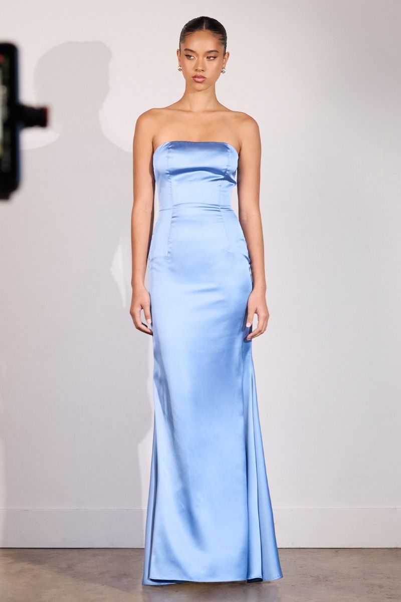 ILLIA Strapless Satin Prom Gown with Neck Sash, featuring sleek satin fabric. Perfect for semi-formal events. Brisbane to Gold Coast.
