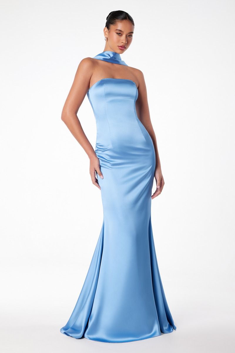 ILLIA Strapless Satin Neck Sash Prom Dress with draped scarf, sleek silhouette. Perfect for formal events. Brisbane to Gold Coast.