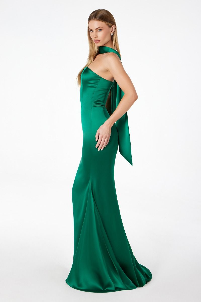 ILLIA Strapless Satin Neck Sash Prom Dress in green with draped neck scarf and sleek silhouette, Brisbane to Gold Coast, Australia.