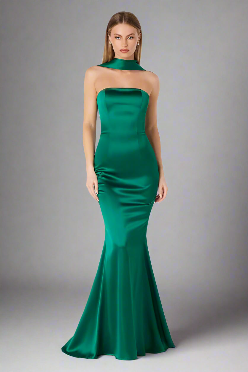 ILLIA Strapless Satin Neck Sash dress with draped scarf and flattering silhouette, perfect for prom or formal events. Brisbane to Gold Coast.