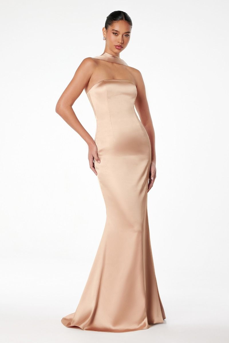 ILLIA Strapless Satin Neck Sash Prom Dress with draped satin scarf, elegant silhouette. Brisbane to Gold Coast, Australia.