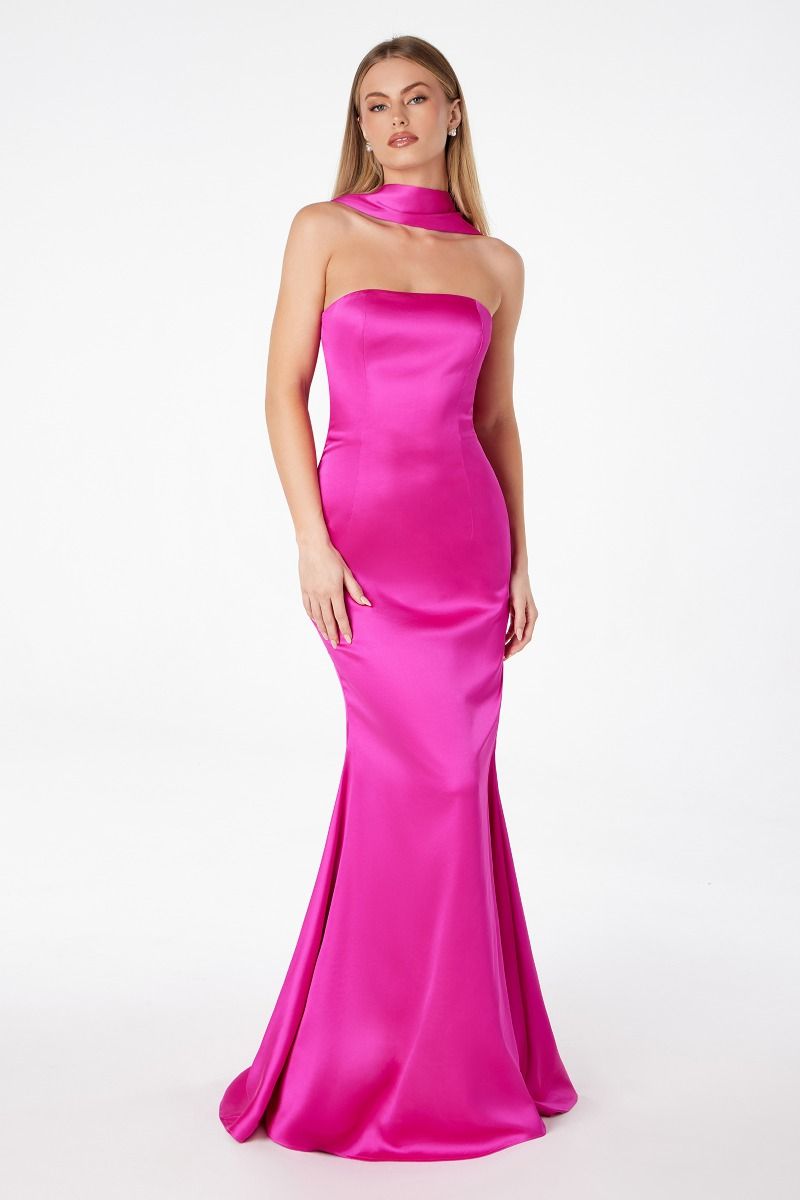 ILLIA Strapless Satin Neck Sash Dress with draped scarf, perfect prom gown. Elegant and chic for events from Brisbane to Gold Coast.