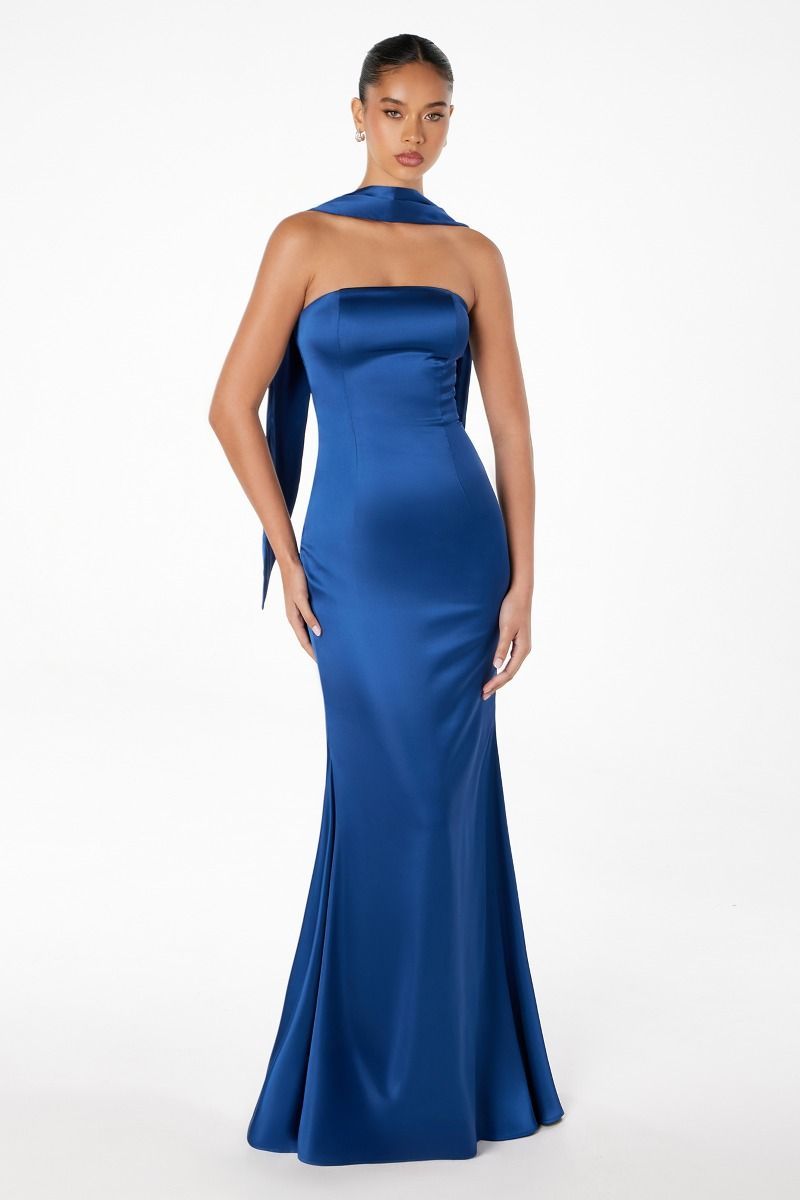 ILLIA Strapless Satin Neck Sash Prom Dress with structured fit and draped scarf, perfect for semi-formal events. Brisbane to Gold Coast.