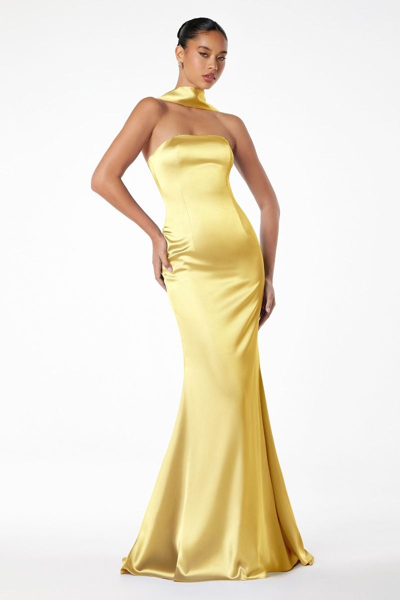 ILLIA Strapless Satin Neck Sash Prom Dress with elegant draped satin neck scarf, perfect for formal events. Brisbane to Gold Coast Australia.