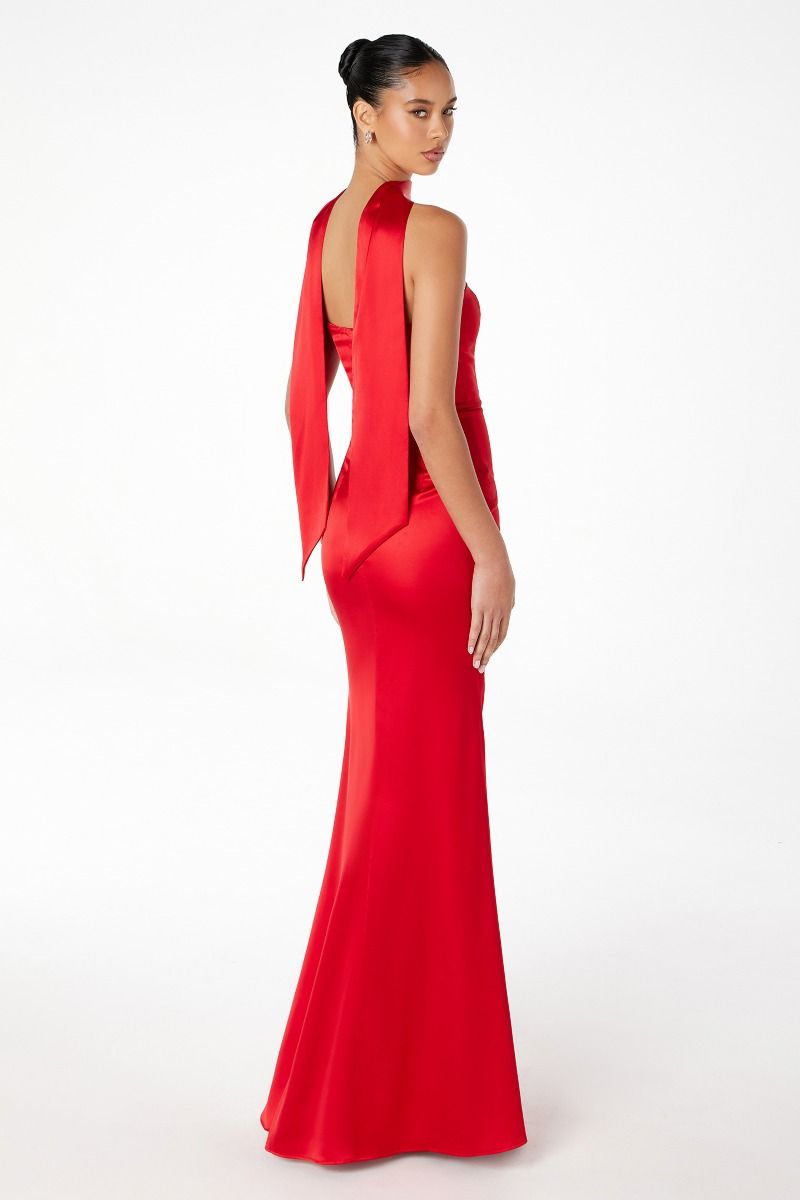 ILLIA red strapless satin prom dress with neck sash, elegant silhouette ideal for semi-formal events, Brisbane to Gold Coast.