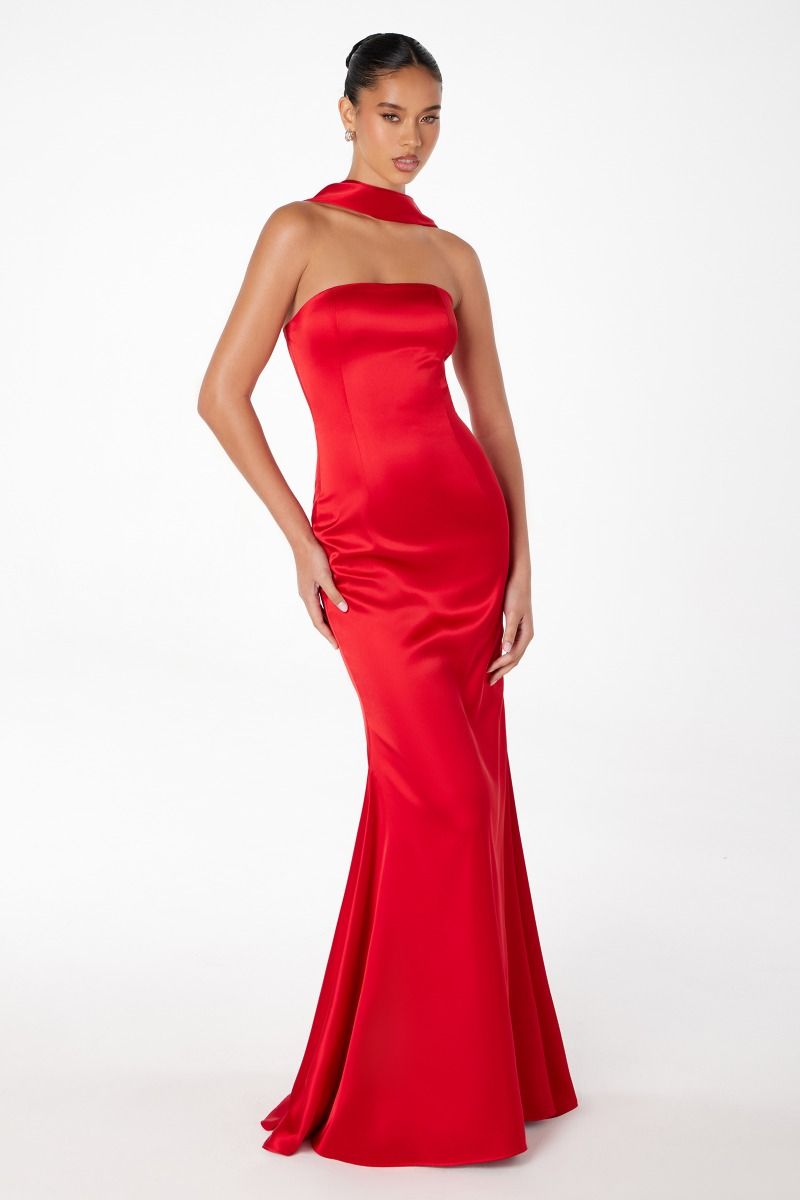ILLIA Strapless Satin Neck Sash dress with sleek satin and back zip, perfect as a prom gown. Brisbane to Gold Coast, Australia.
