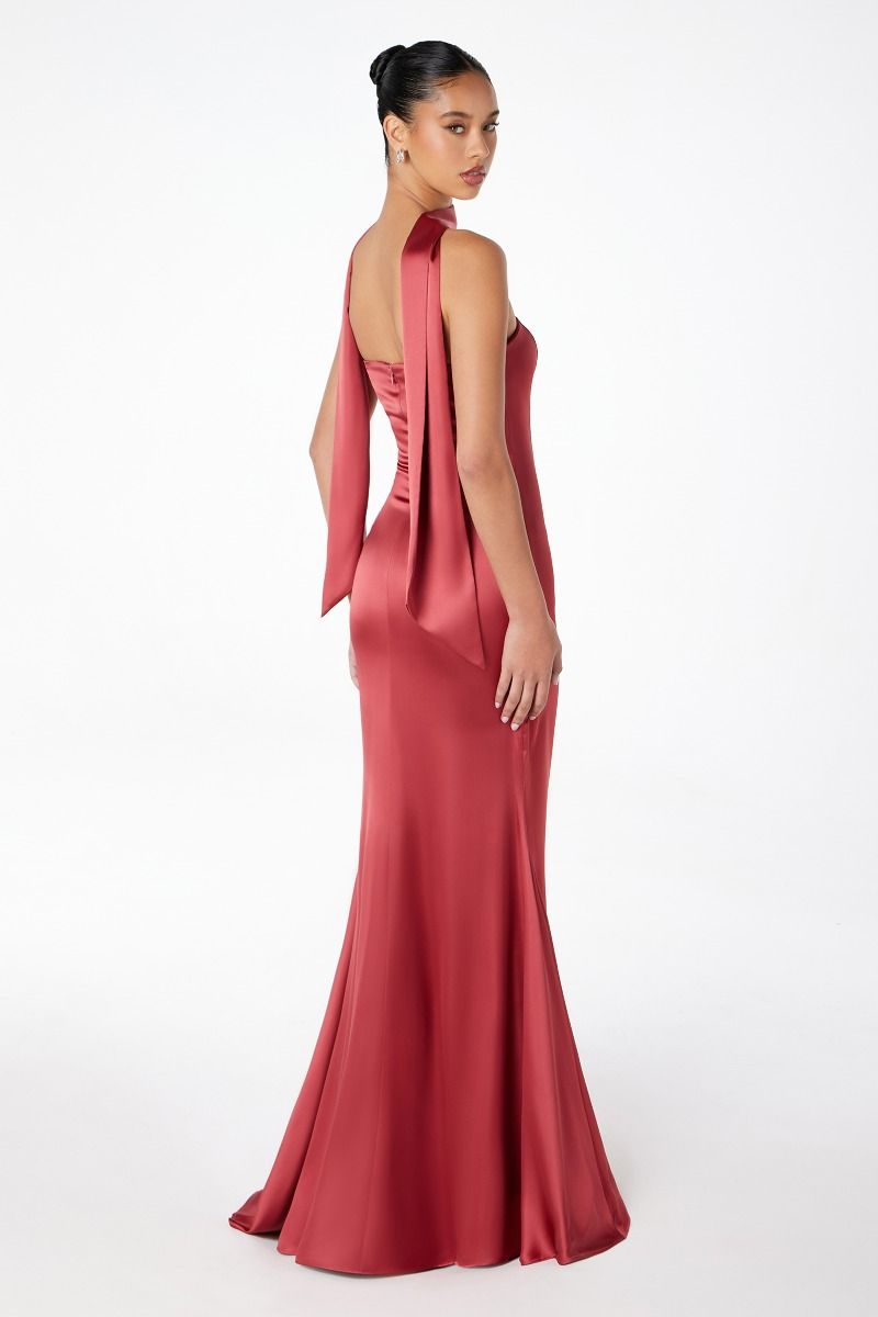 ILLIA Strapless Satin Neck Sash prom gown with elegant draped scarf, viewed from the back. Perfect for formal events, from Brisbane to Gold Coast.