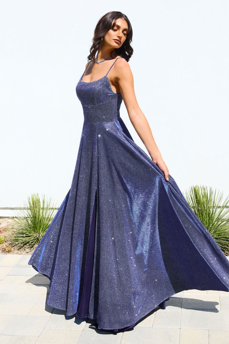 JAZMINA A-Line Glitter Shimmer prom dress with scoop neckline and thin straps. Elegant evening gown. Brisbane to Gold Coast, Australia.