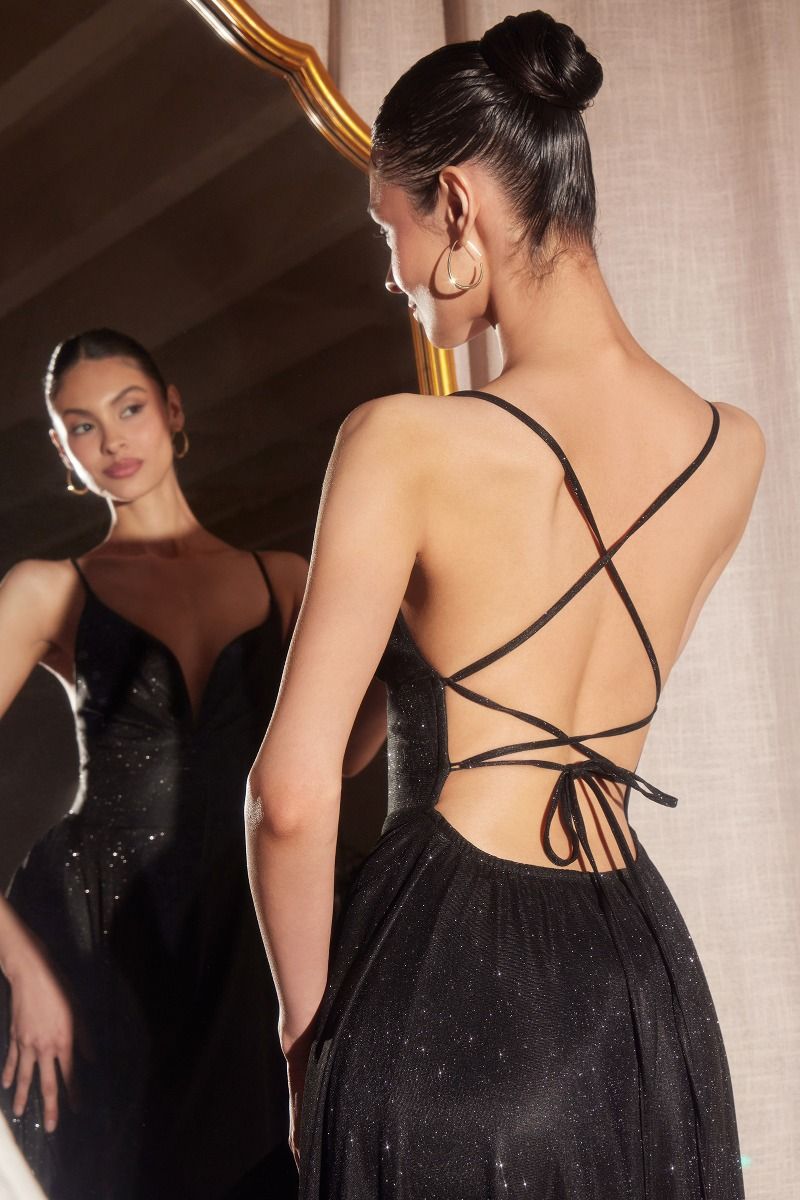MOLLY V Front glitter shimmer prom dress with open lace-up back, perfect for semi-formal events, Brisbane to Gold Coast, Australia.