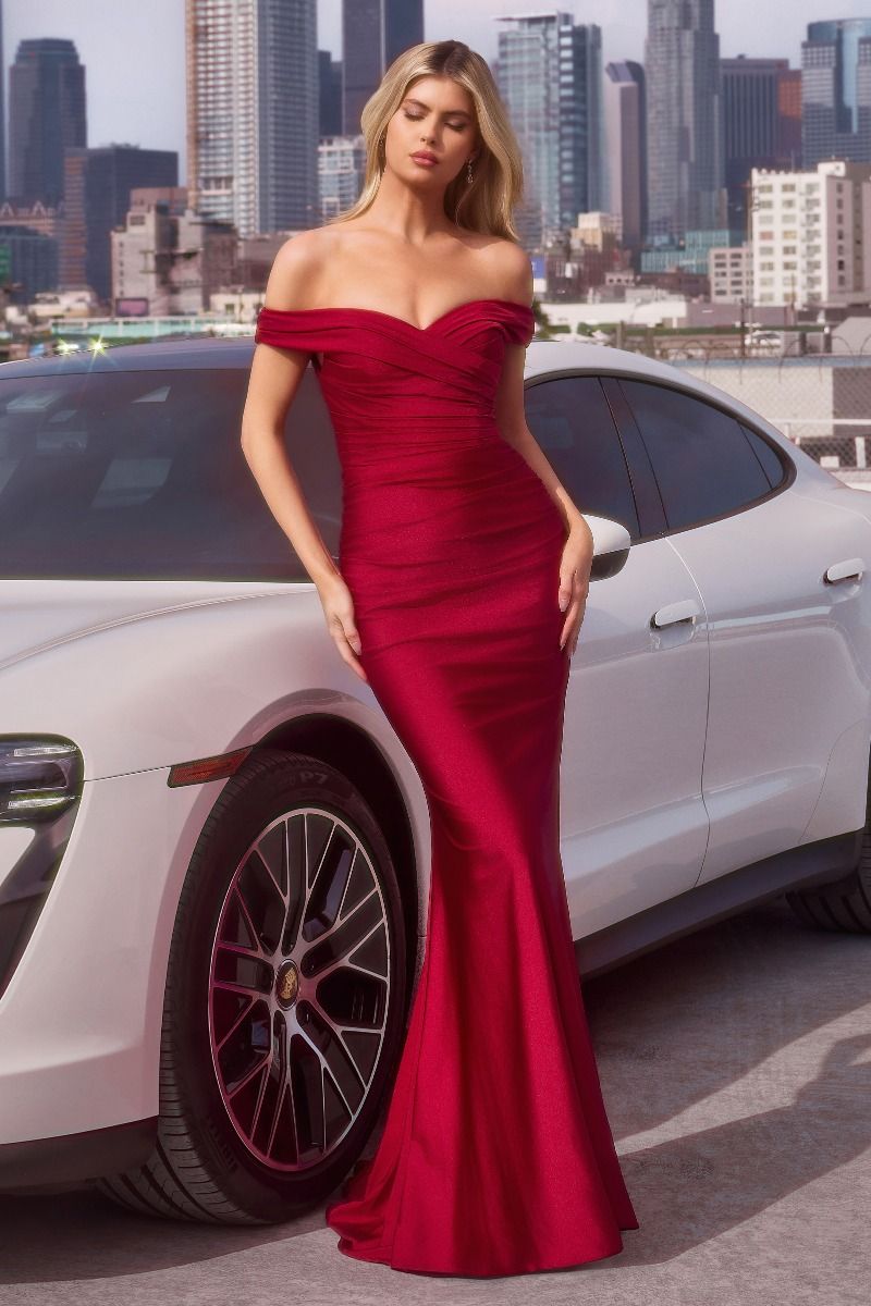 ARAN Strapless Off-Shoulder Fitted Dress with ruched bodice, prom gown style, elegant city backdrop, Brisbane to Gold Coast.