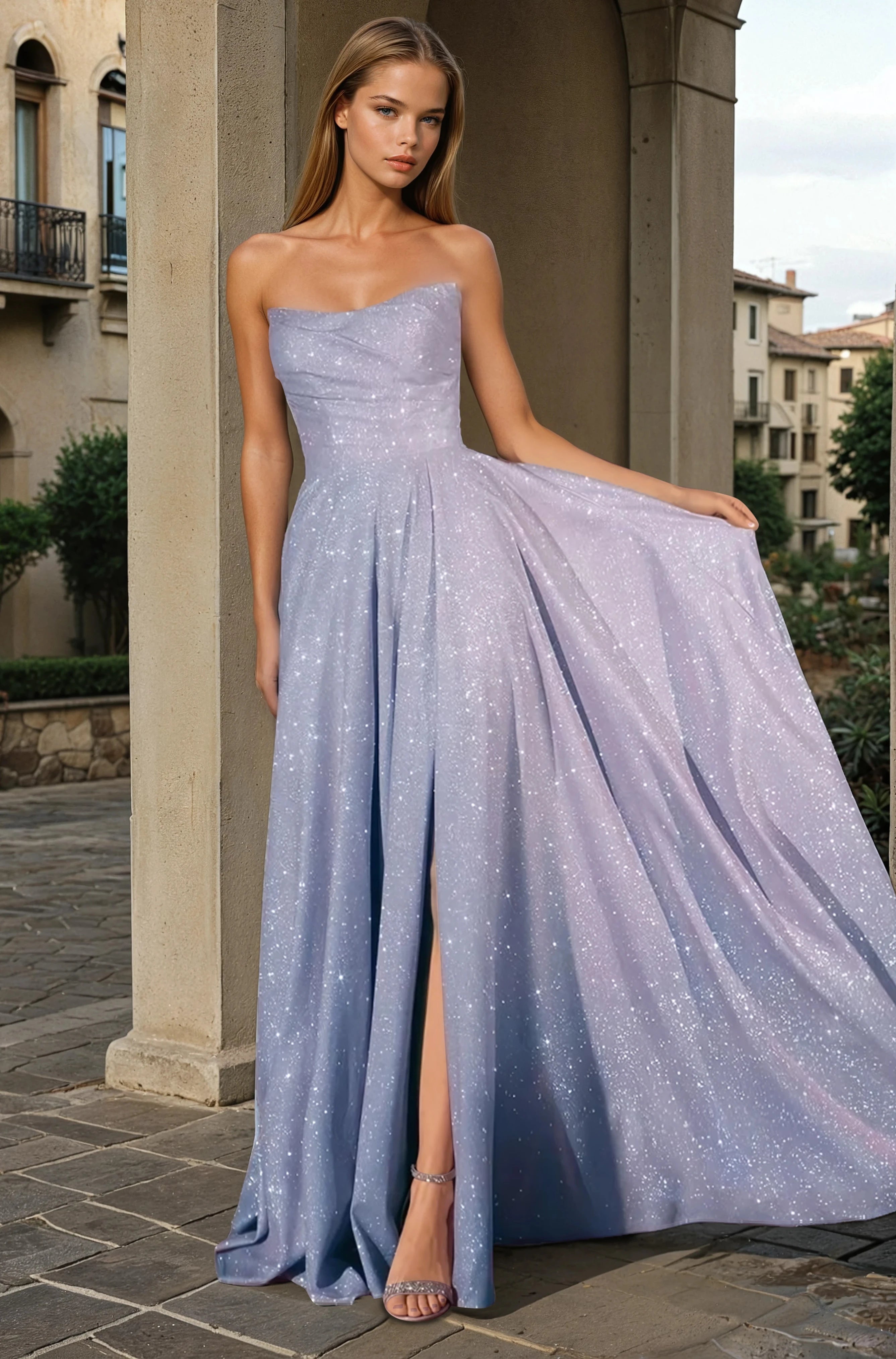 CINDI strapless glitter shimmer prom dress with a gathered waistline and side slit. Perfect for proms and semi-formal events. Brisbane to Gold Coast.
