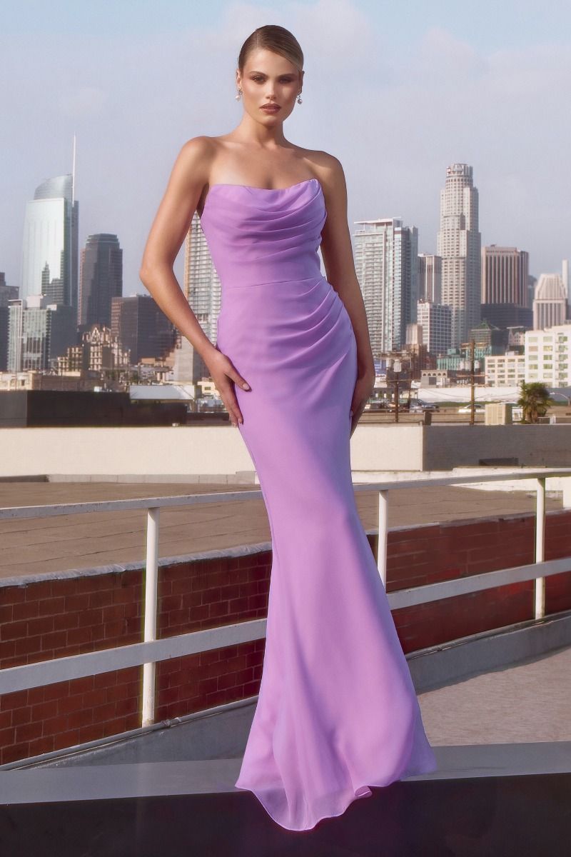 AMAN strapless corset prom dress with ruched waist, fitted chiffon silhouette. Perfect for formal events. Brisbane to Gold Coast.