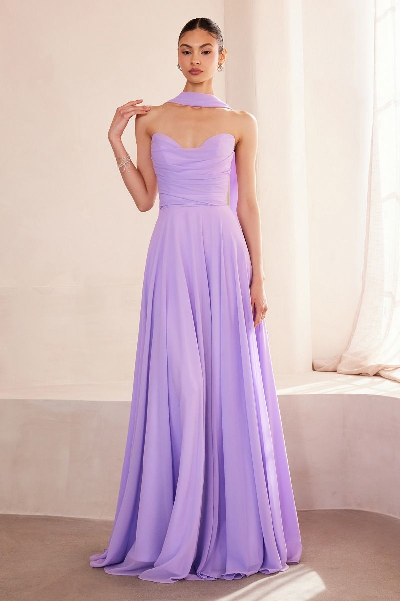 EVELISSE Strapless Chiffon Neck Sash Bridesmaid Formal Dress