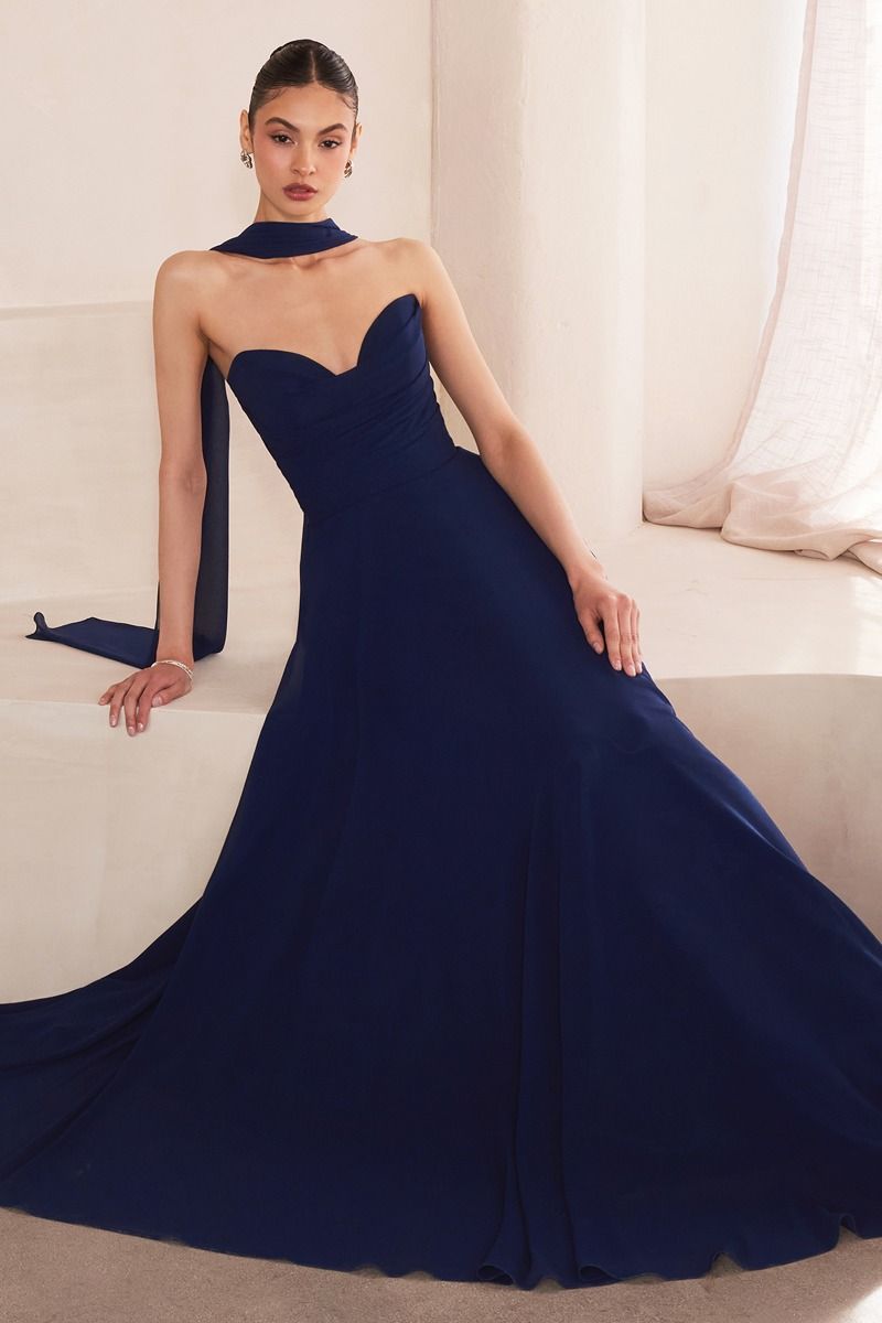 EVELISSE Strapless Chiffon Neck Sash Bridesmaid Formal Dress