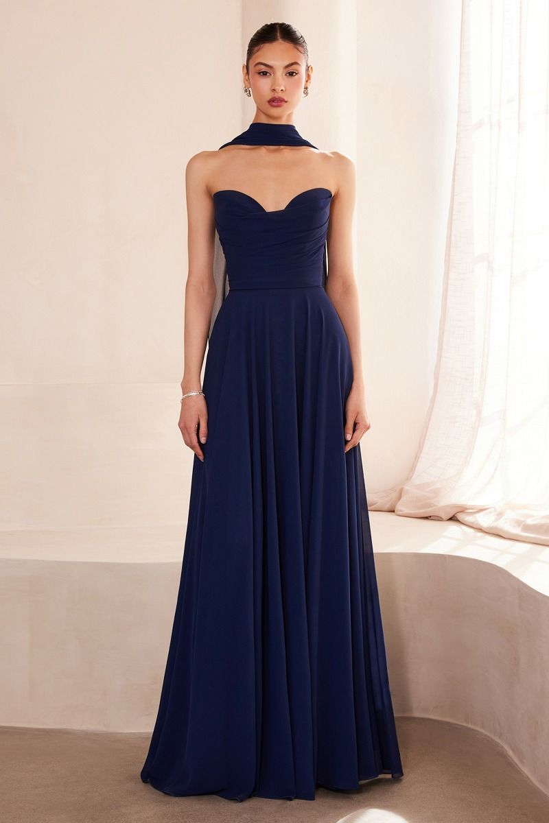 EVELISSE Strapless Chiffon Neck Sash Bridesmaid Formal Dress