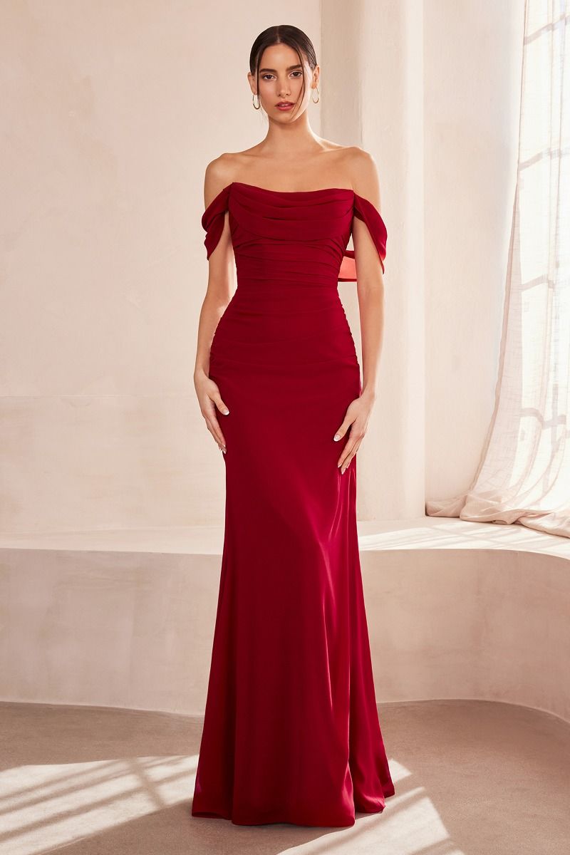 KAMAN Off Shoulder Corset Chiffon Dress, featuring ruched waist and elegant design, perfect for prom or semi-formal occasions, Brisbane to Gold Coast.