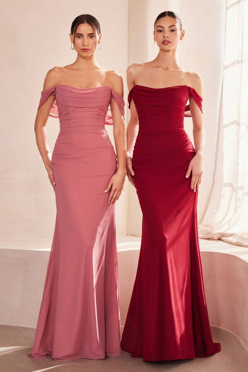 KAMAN Off Shoulder Corset Dress with Ruched Waist, Elegant Semi Formal Gown; Two Women Modeling Pastel Pink and Deep Red Styles, Brisbane to Gold Coast