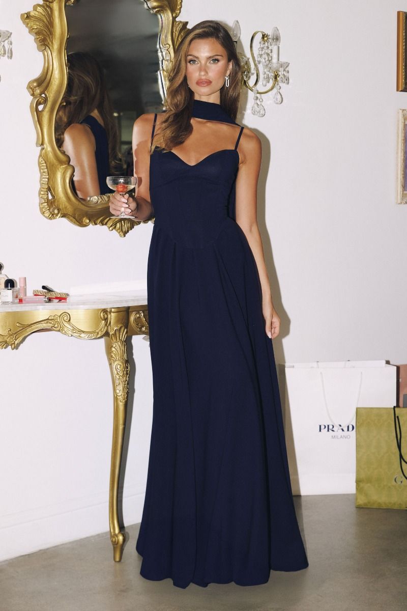 ELSIE Corset Top Neck Sash Satin A Line Formal Gown in Australia | One Honey Boutique