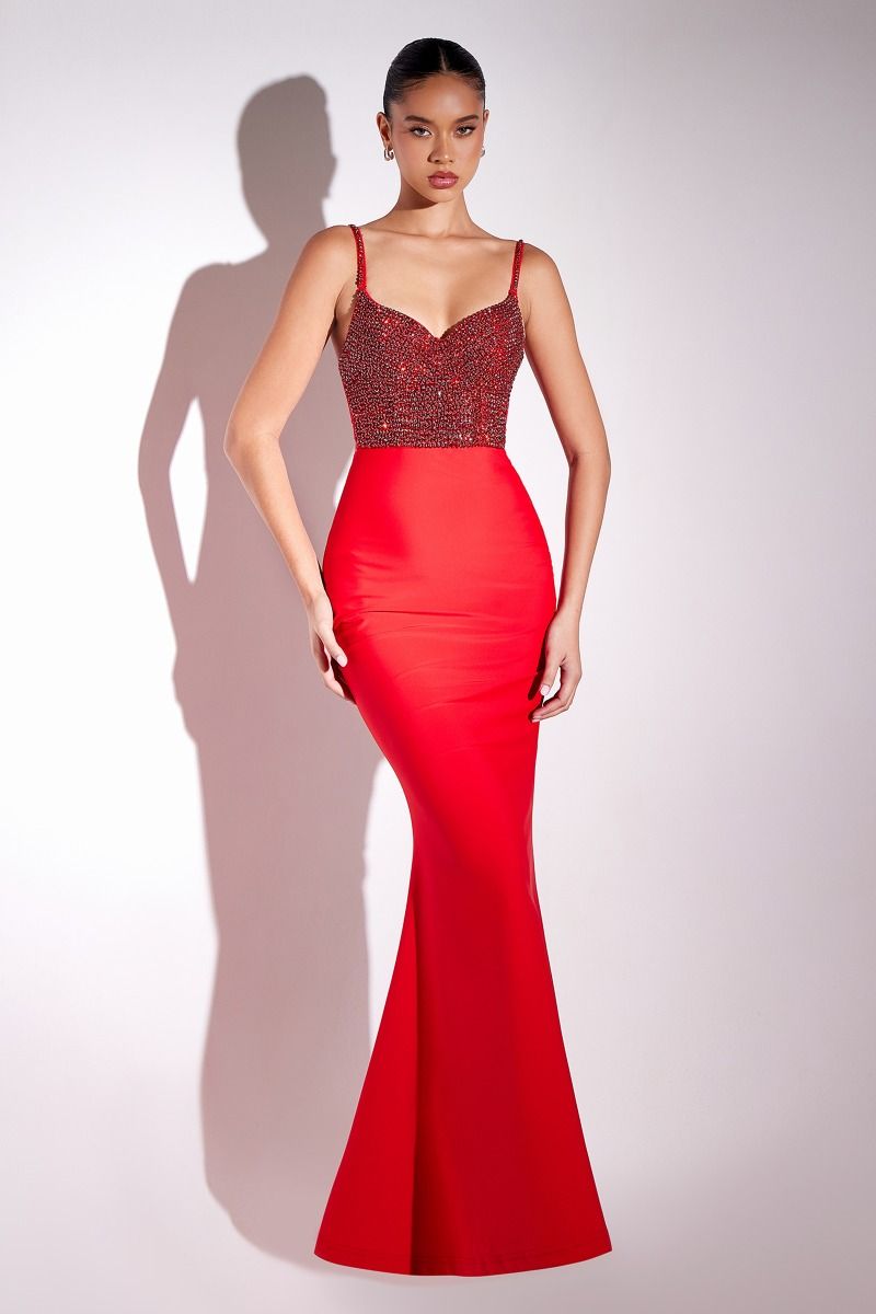 Elegant red mermaid gown with a sparkling beaded bodice, perfect for evening and formal events. Brisbane to Gold Coast, Australia.