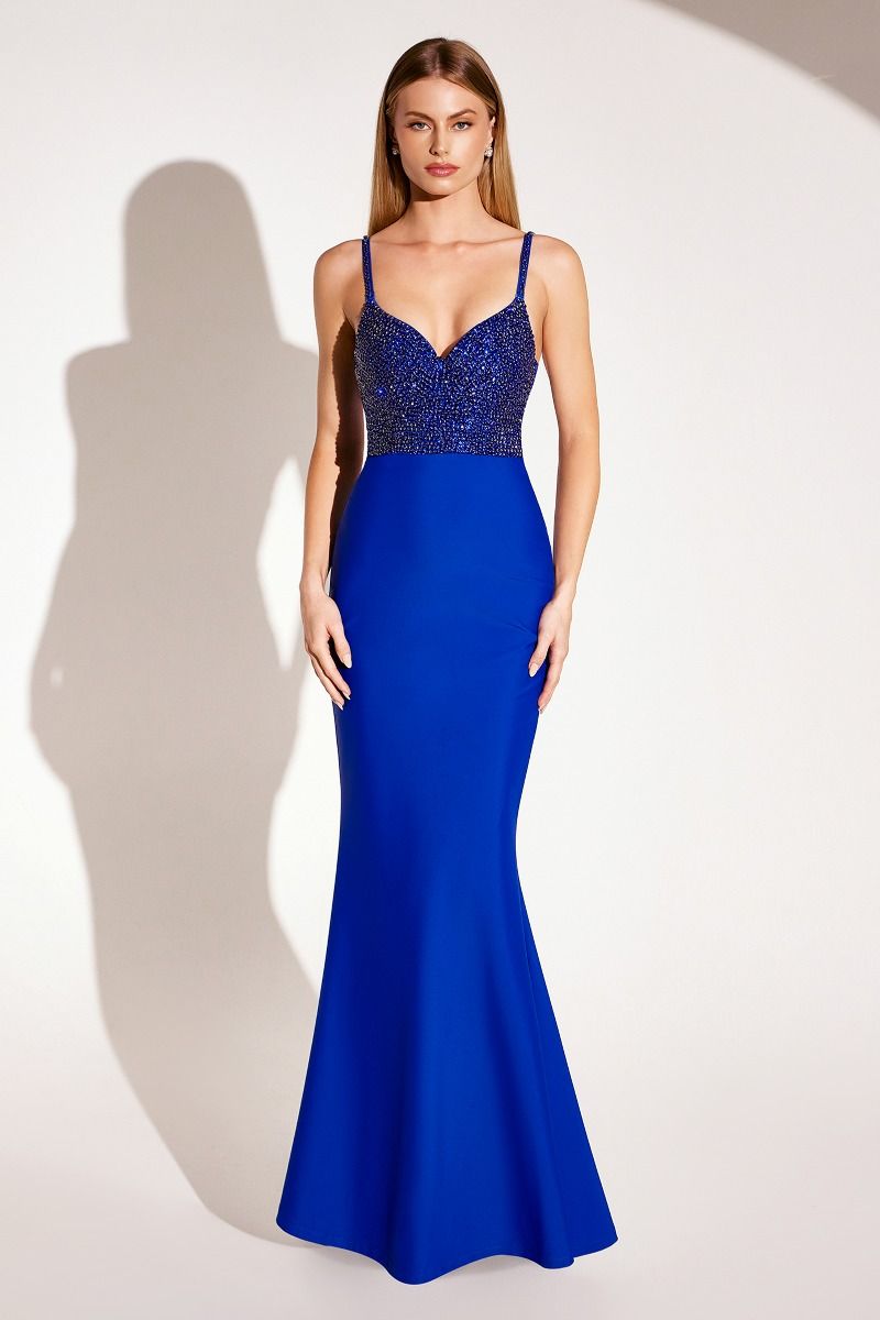 Royal blue evening gown with a glittering beaded bodice and sleek floor-length silhouette, perfect for formal events. Brisbane to Gold Coast