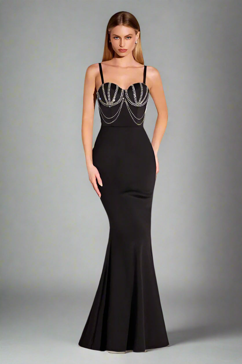 CONNER Crystal Bustier Bra Back Prom Dress with crystal embellishments and strapless neckline. Ideal for formal events. Brisbane to Gold Coast.