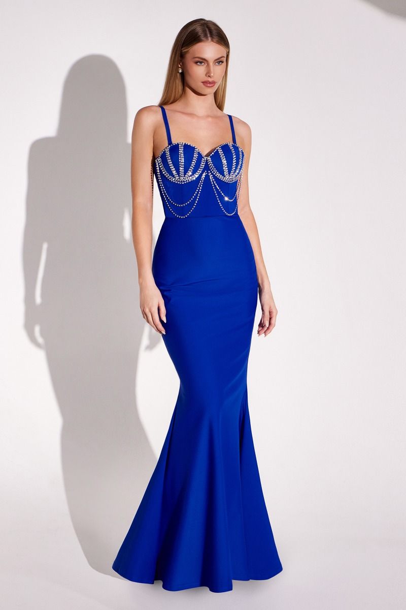 Elegant blue evening gown with pearl-adorned bustier and sleek fit, perfect for formal events. Brisbane to Gold Coast, Australia.