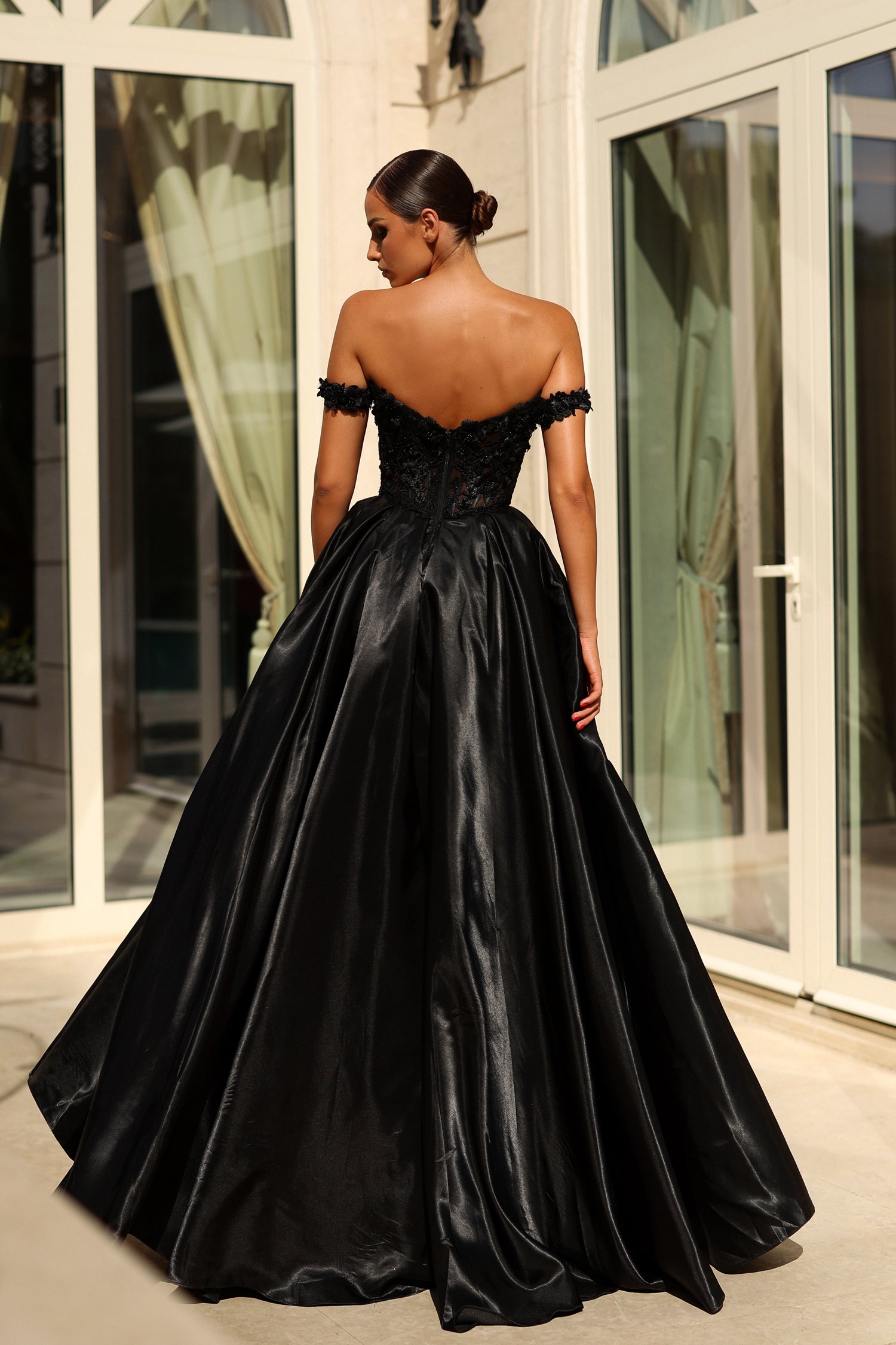 TINA HOLLY COUTURE TK584 off-shoulder beaded gown with 3D lace, perfect for prom or formal events, Brisbane to Gold Coast