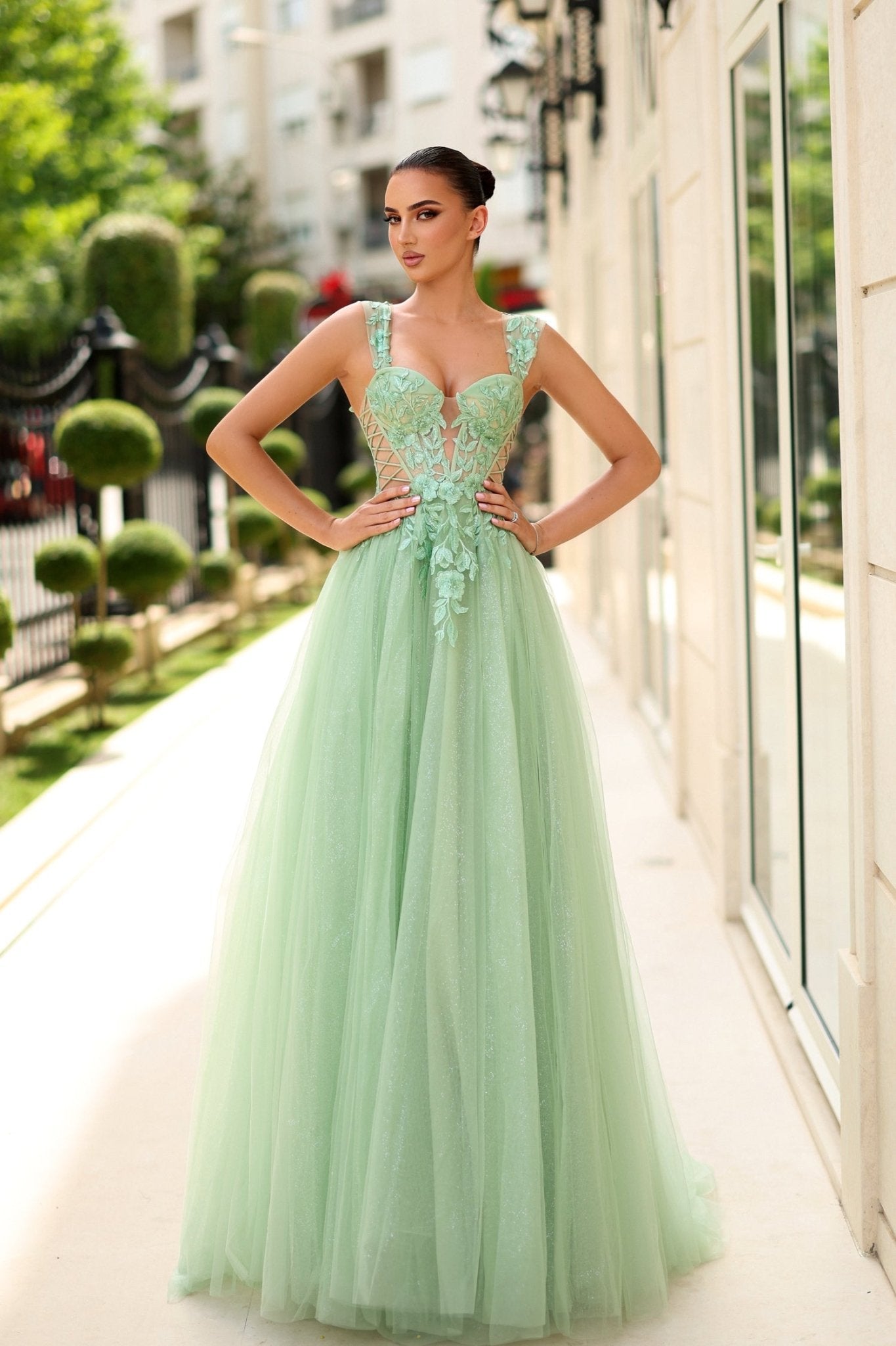green plant dress Tina Holly Couture TW500 Corset Cut Out Lace Tulle Gown
